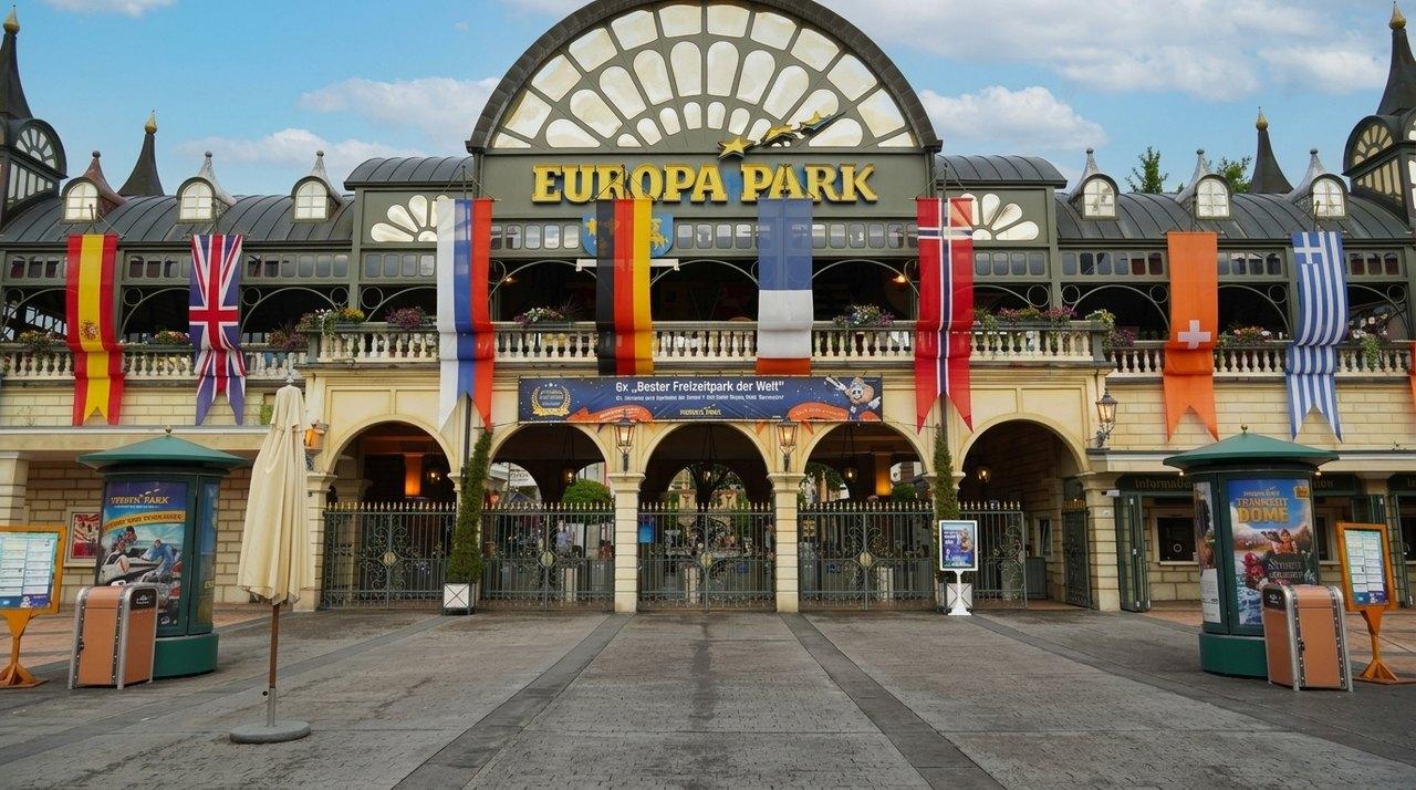 L’entrée majestueuse d’un parc d’attractions européen avec son architecture Belle Époque et ses drapeaux nationaux colorés