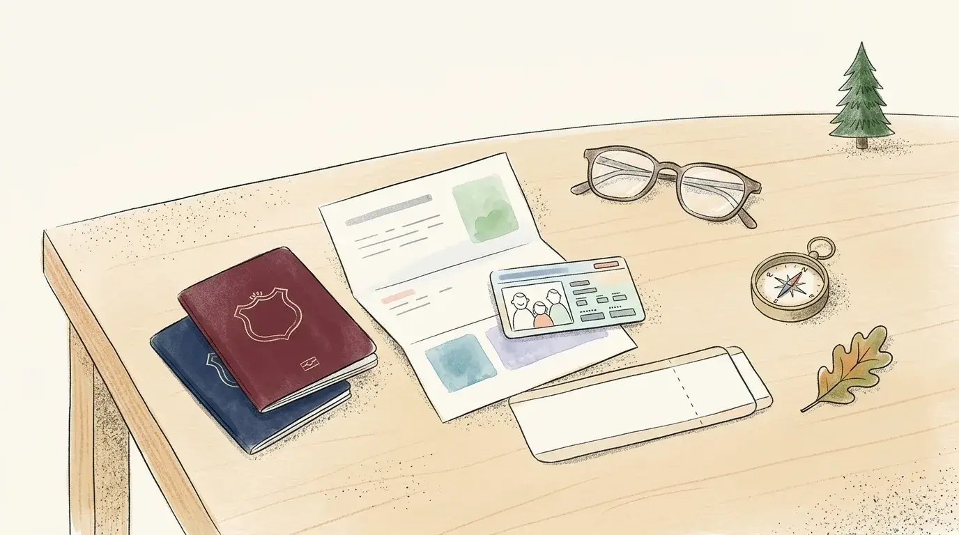Sur une table en bois, passeports, documents, tablette, lunettes, boussole et feuille d'automne évoquent les préparatifs d'un voyage familial