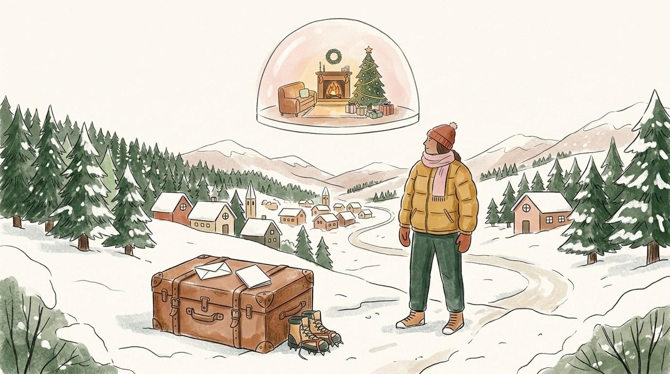 Familie am Flughafen mit Koffern und Weihnachtsgeschenken im winterlichen Weihnachtsurlaub