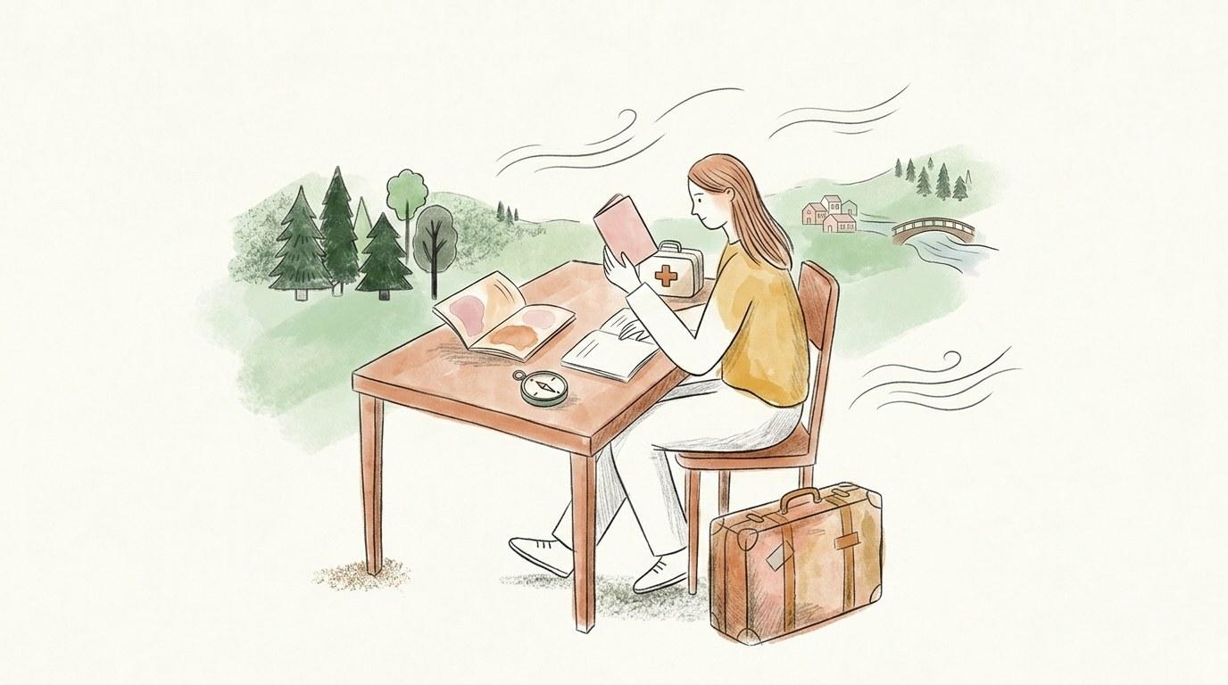 Reisende überprüft Pass und Reisedokumente an einem Tisch, Koffer daneben, Aquarellillustration