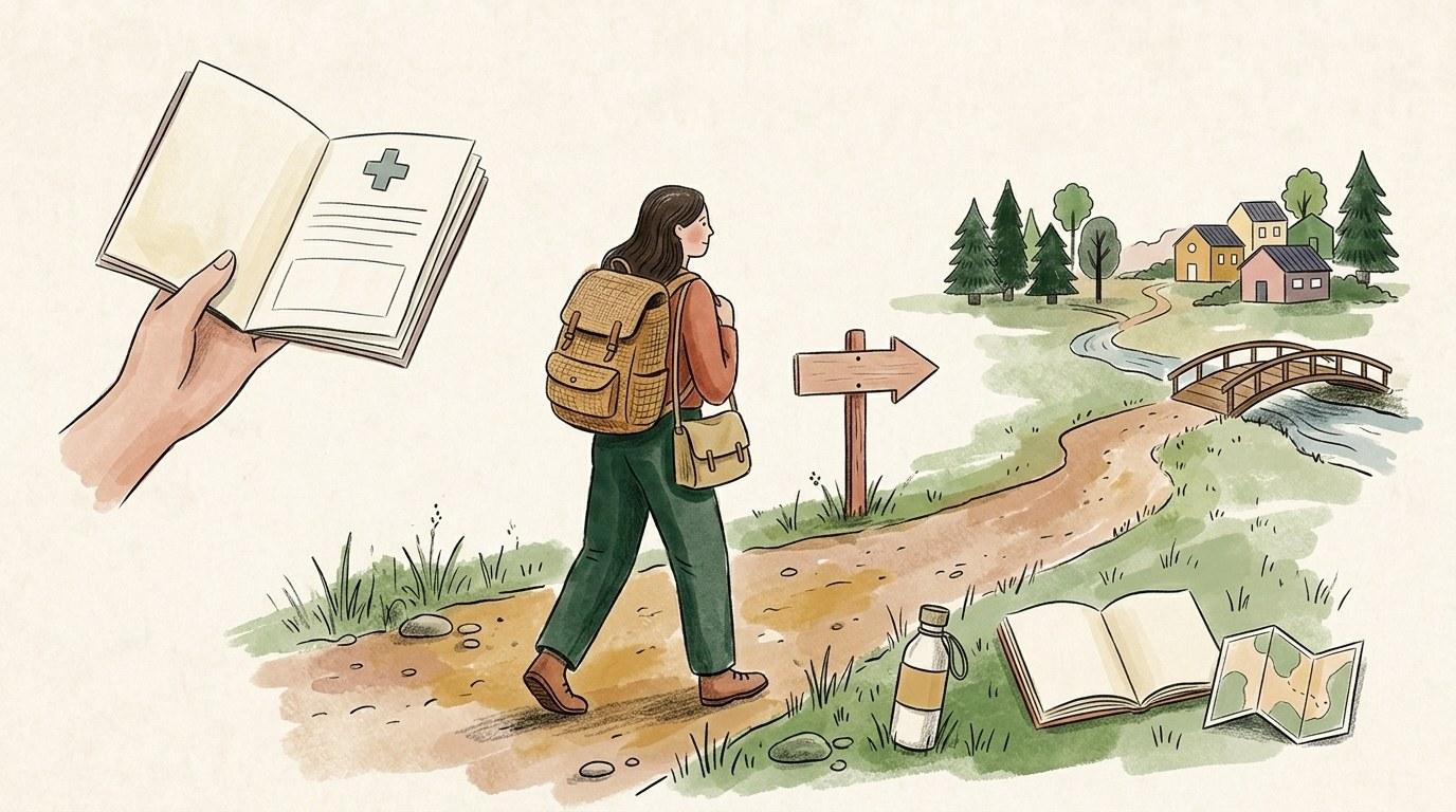 Viaggiatore con zaino in spalla che cammina in un paesaggio naturale incontaminato, circondato dalla foresta