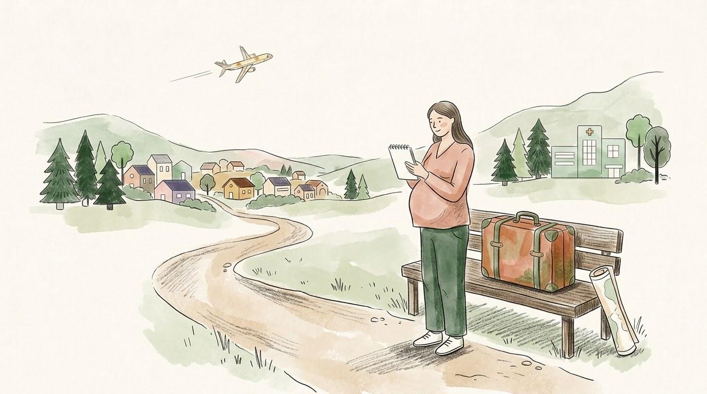 Schwangere Frau hält ihren Bauch, neben ihr ein Reisekoffer in einem Flughafenterminal