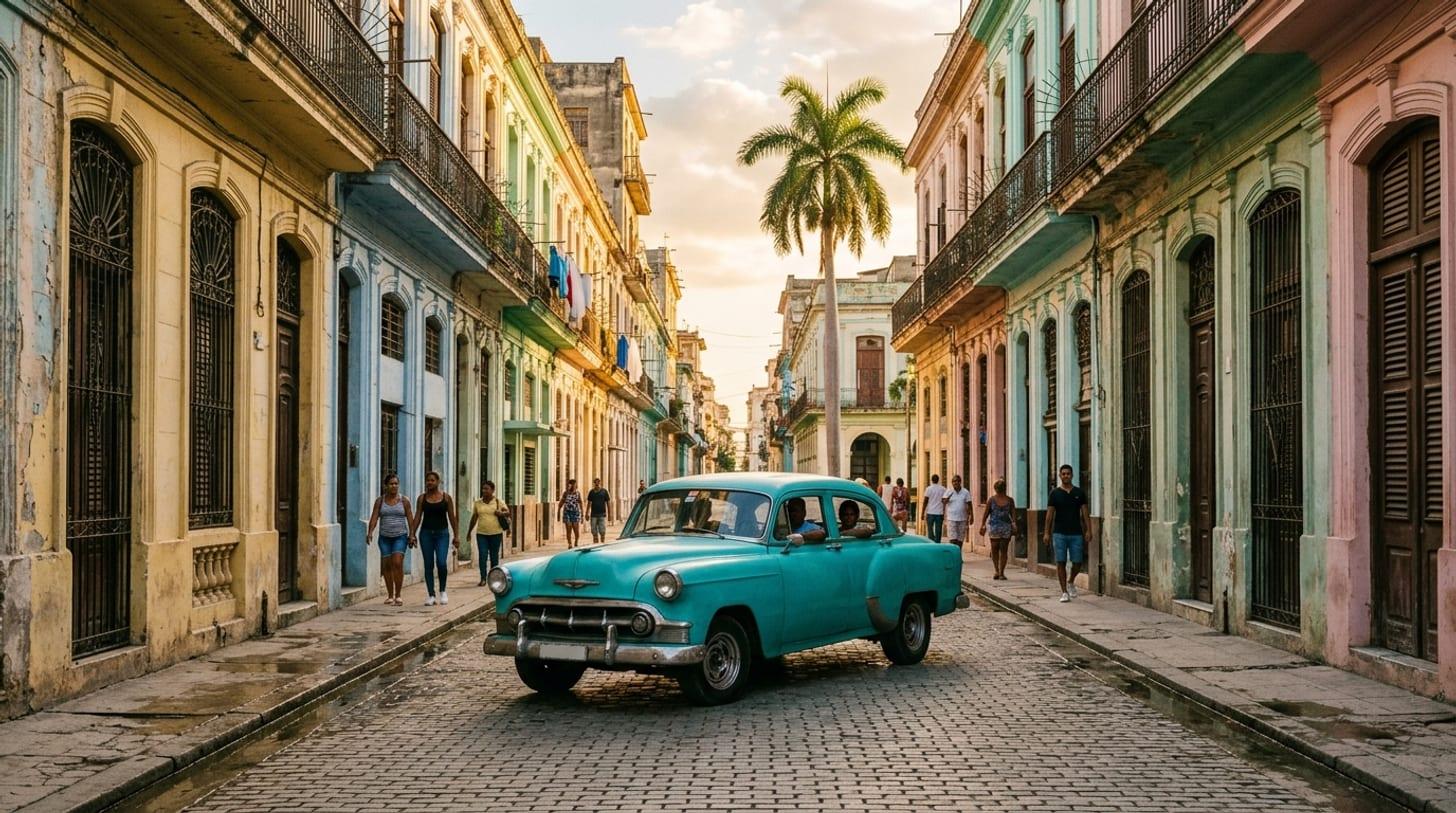 Straße in Havanna, Kuba, mit bunten Kolonialbauten und einem türkisfarbenen amerikanischen Oldtimer im warmen Abendlicht