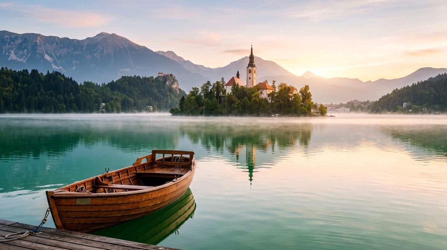 Bleder See im Morgengrauen, hölzernes Ruderboot im Vordergrund, Inselkirche im Morgennebel, Julische Alpen