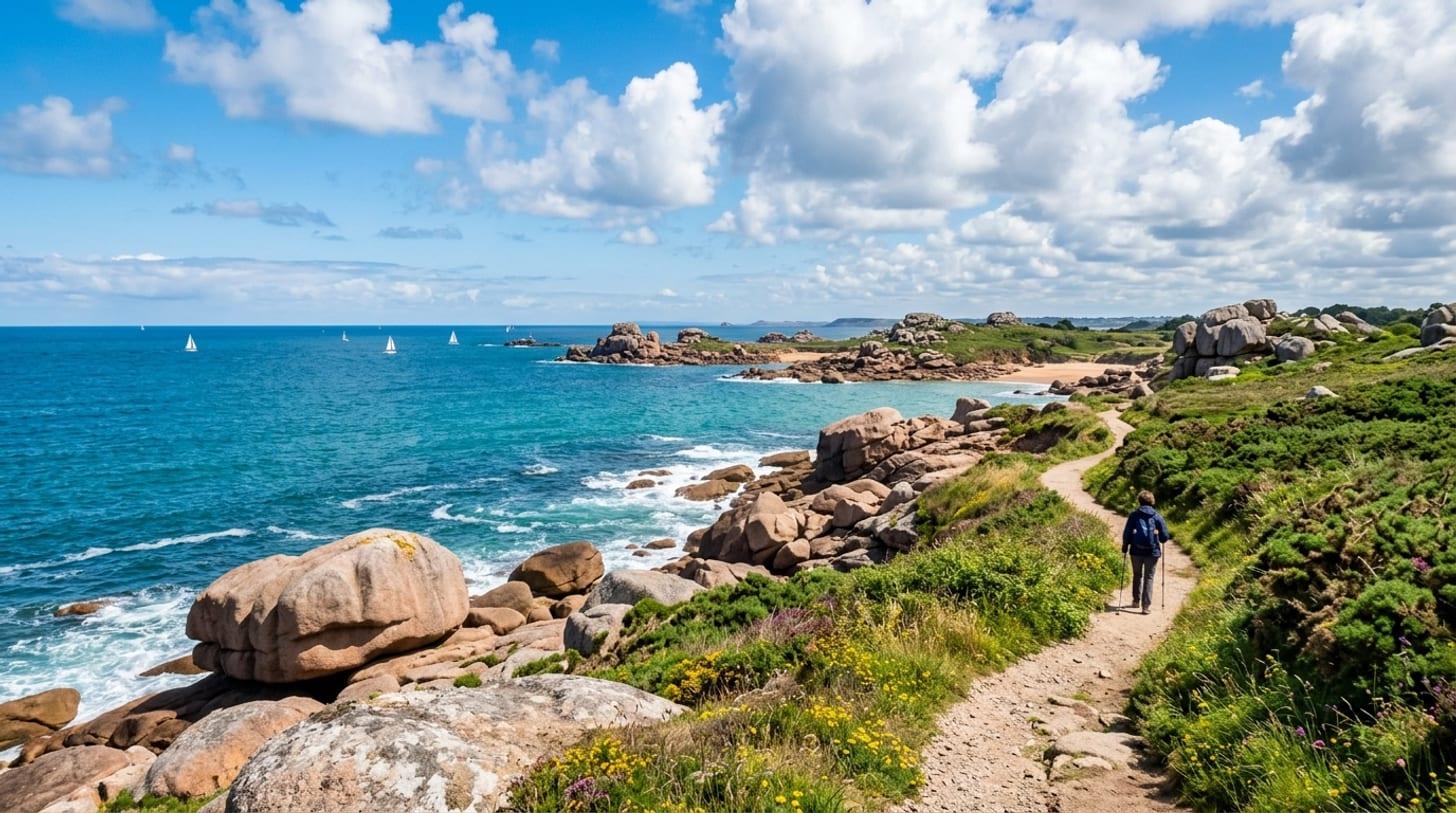 Küstenpfad an der rosa Granitküste der Bretagne, rundgeschliffene rosa Felsen, blühende Heide und türkisfarbenes Meer