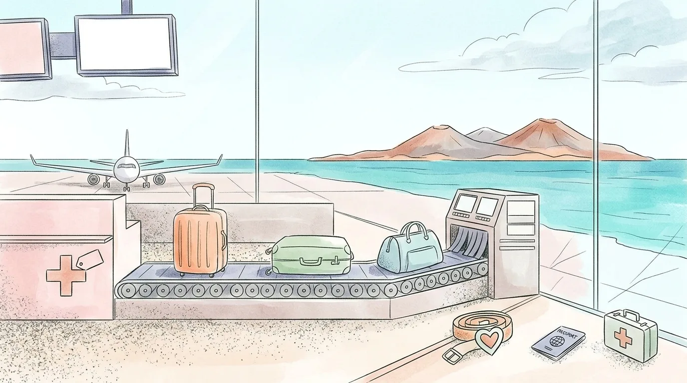 Scène d'aéroport avec carrousel de bagages colorés, avion visible, symboles de voyage et santé, montagnes en arrière-plan