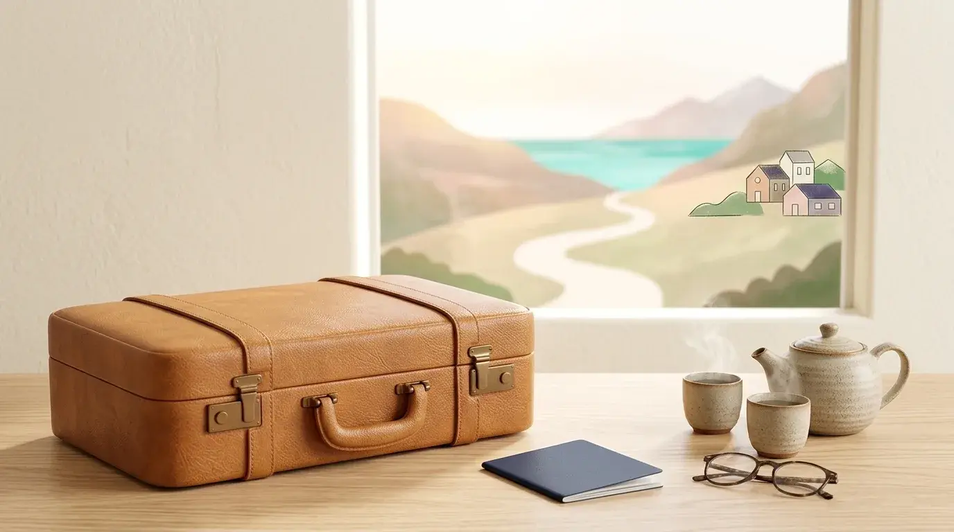 Scène de voyage avec valise en cuir, théière, tasses, carnet et lunettes sur table, paysage montagneux visible par la fenêtre