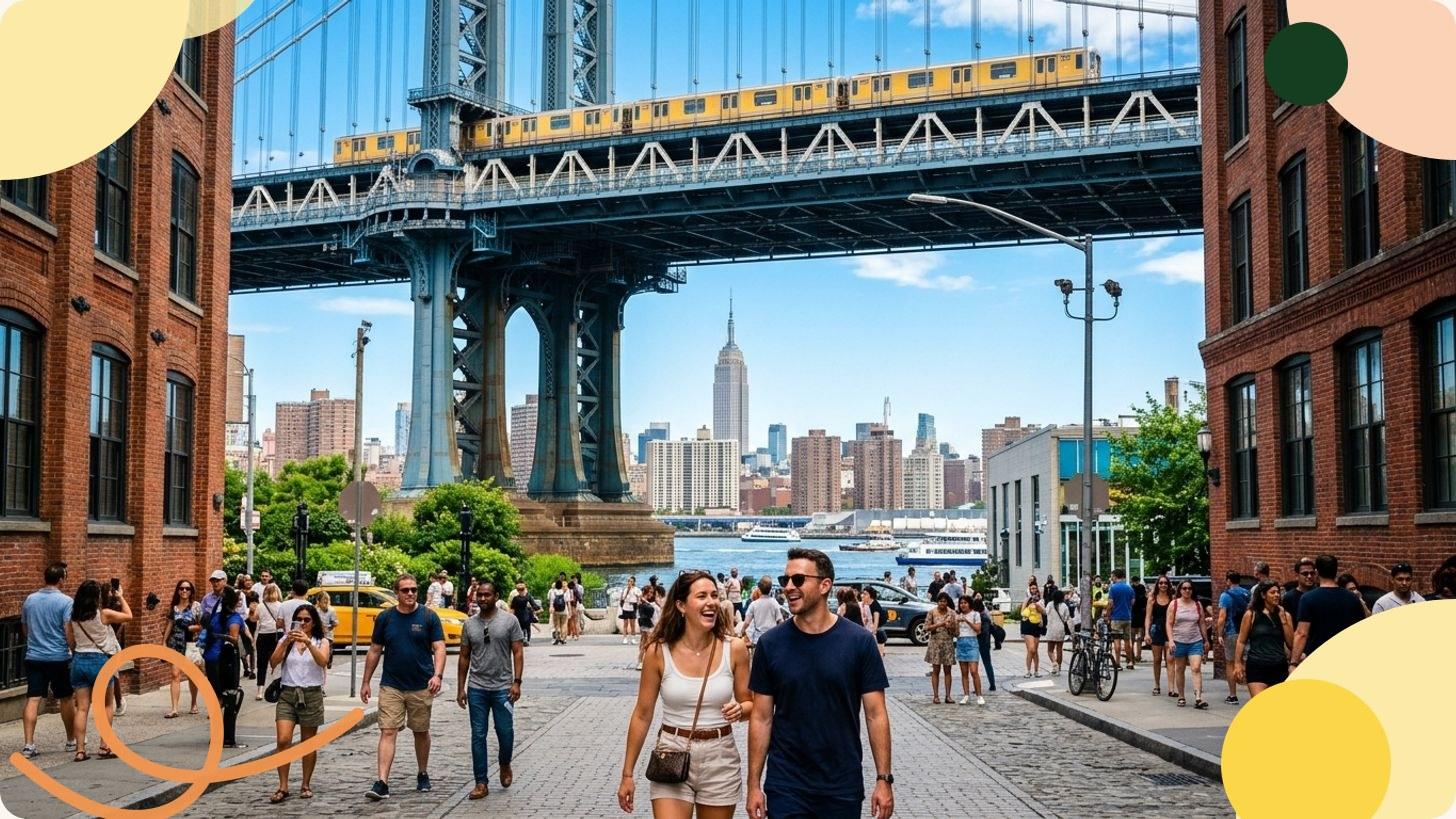 Vue du pont de Brooklyn avec ses arches gothiques et la skyline de Manhattan en arrière-plan