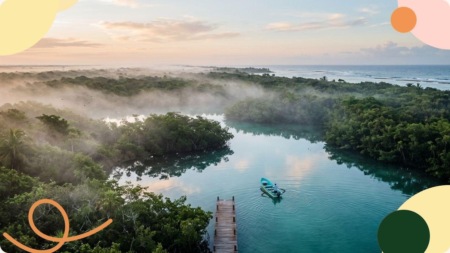 Lagune de Sian Ka'an entourée de mangroves luxuriantes sous un ciel tropical, Quintana Roo, Mexique
