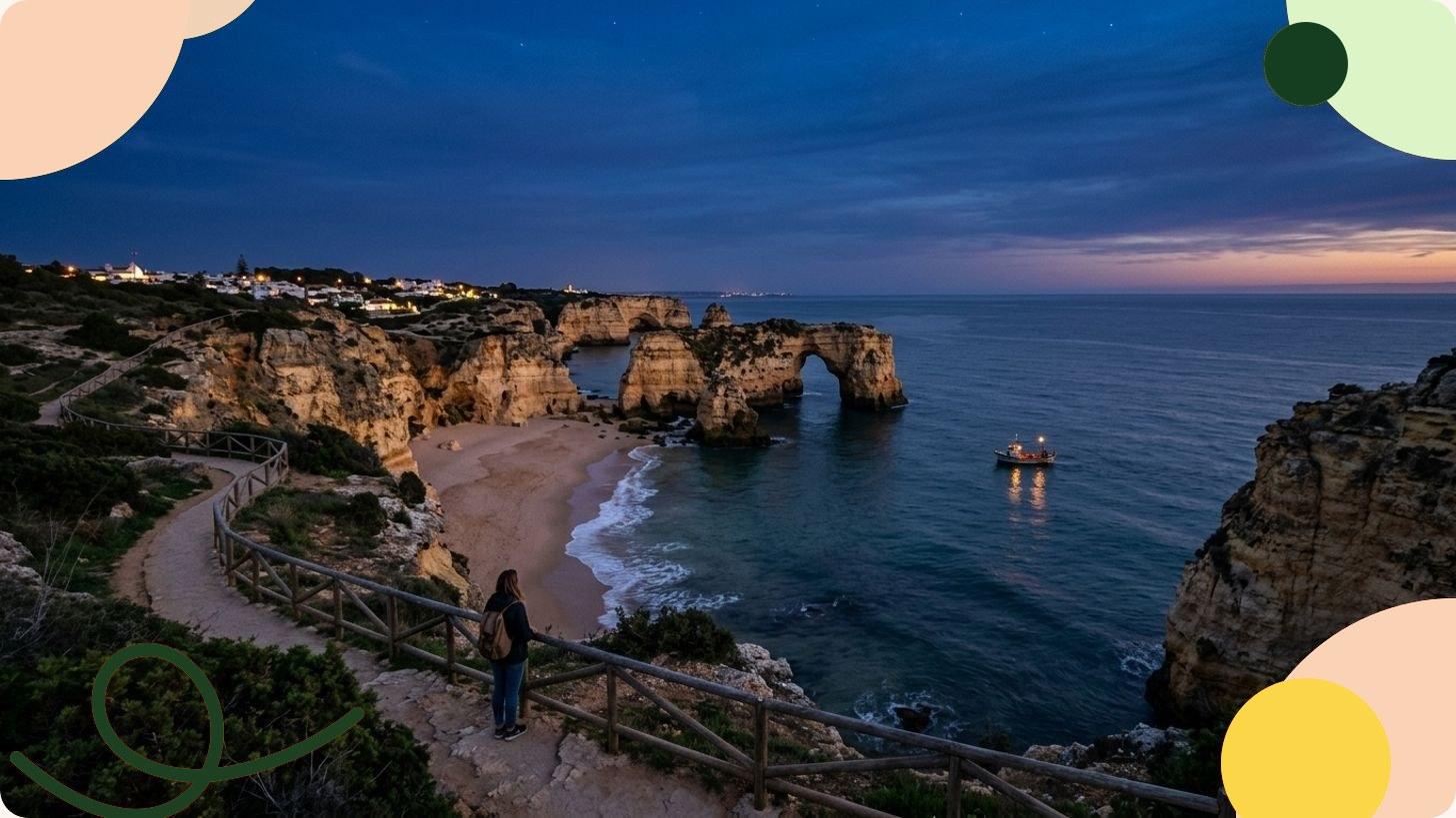 Falaises dorées de l'Algarve surplombant une plage de sable blanc et des eaux turquoise