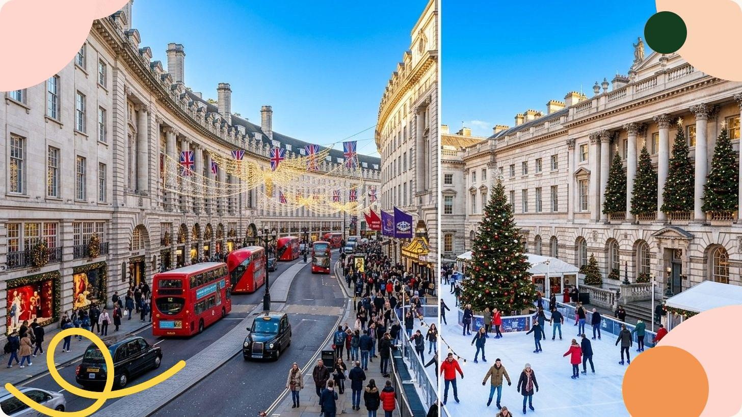 A London street lit up with blue Christmas fairy lights at night, a red double-decker bus passing underneath
