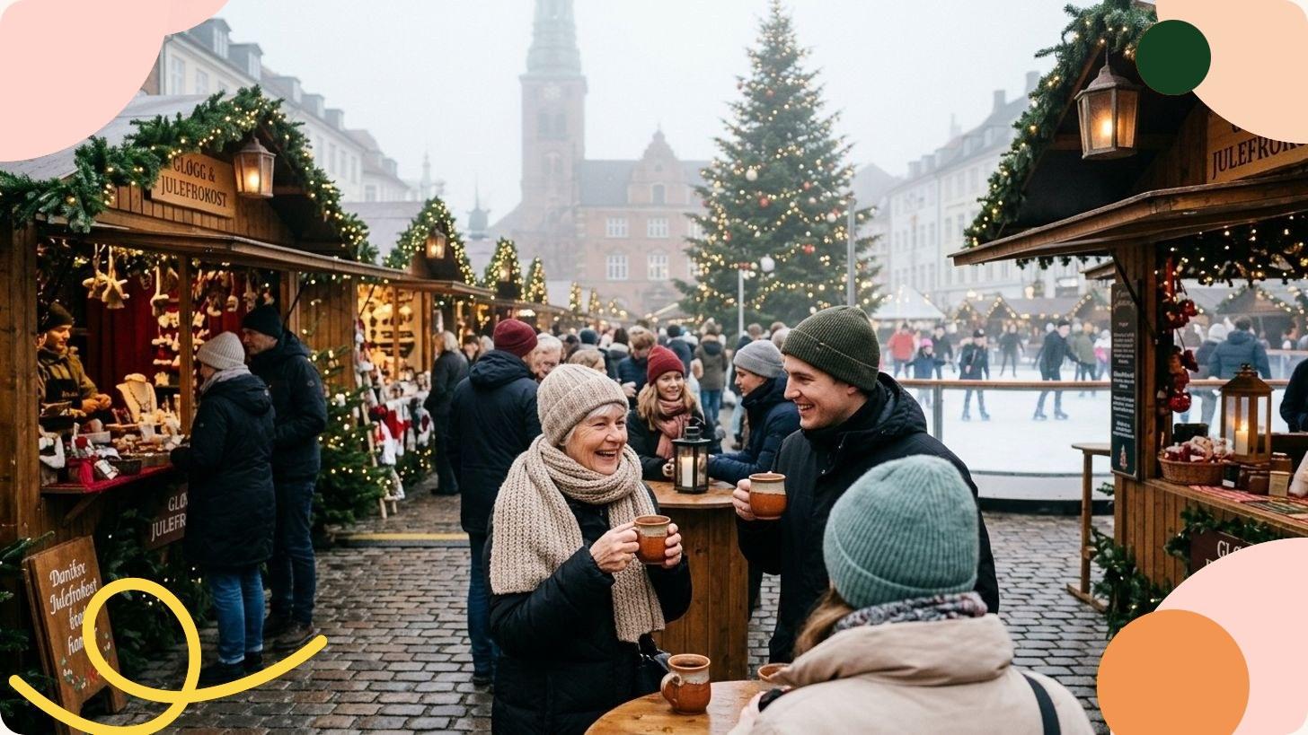Nyhavn canal in Copenhagen strung with golden fairy lights in December, traditional wooden boats moored along colourful 17th-century facades
