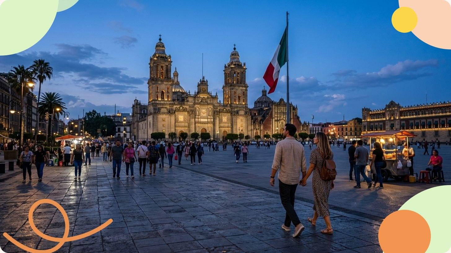 La cathédrale métropolitaine et la Zócalo de Mexico vues depuis la place, sous un ciel dégagé