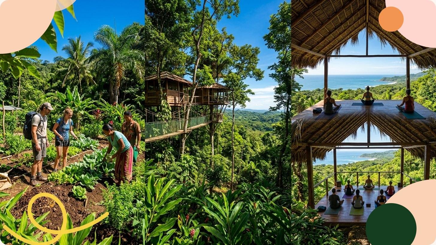 Cabane dans les arbres suspendue au-dessus de la forêt tropicale du Costa Rica, entourée de végétation dense