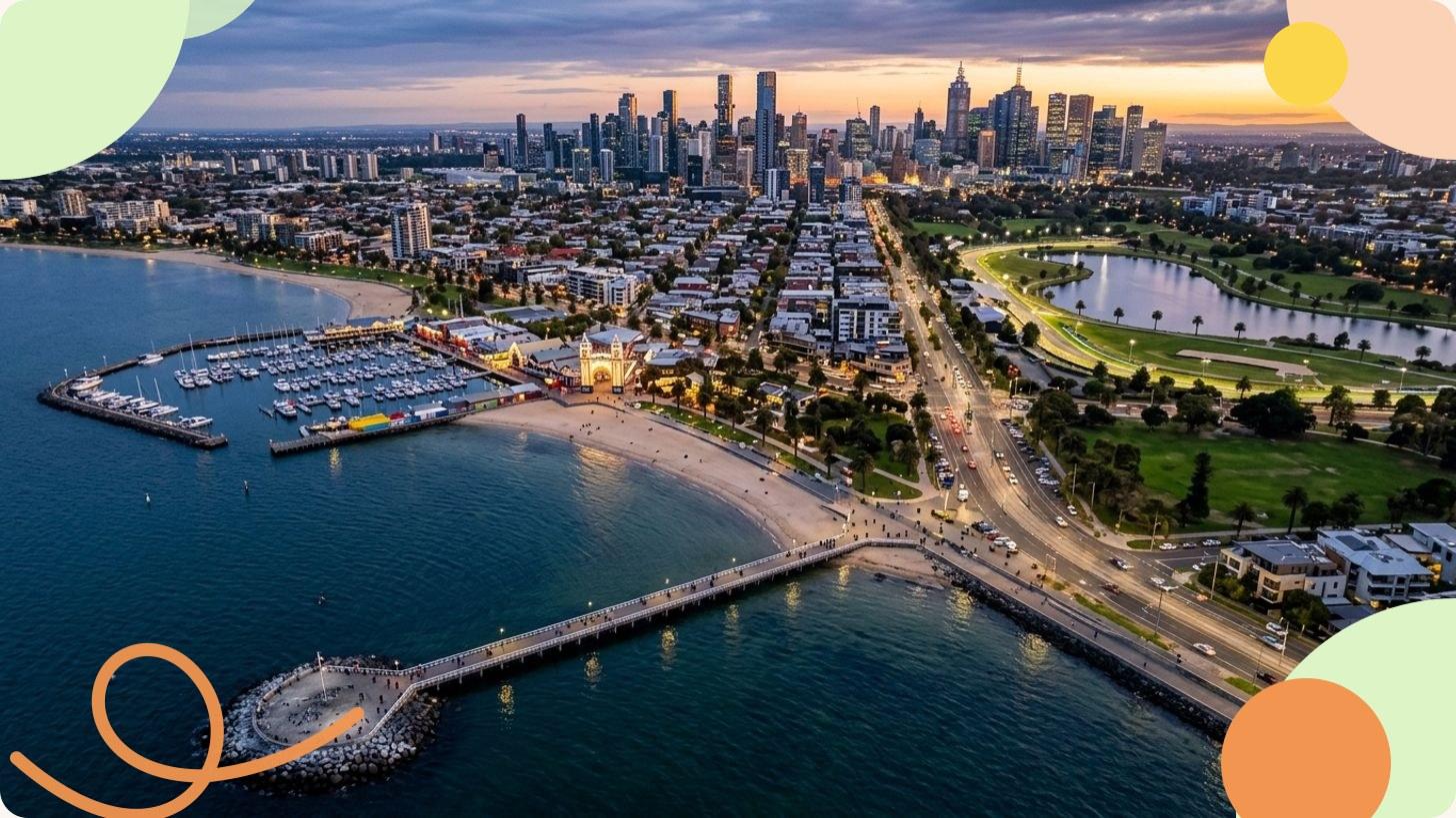 Panoramic view of the Melbourne skyline from the banks of the Yarra River at dusk