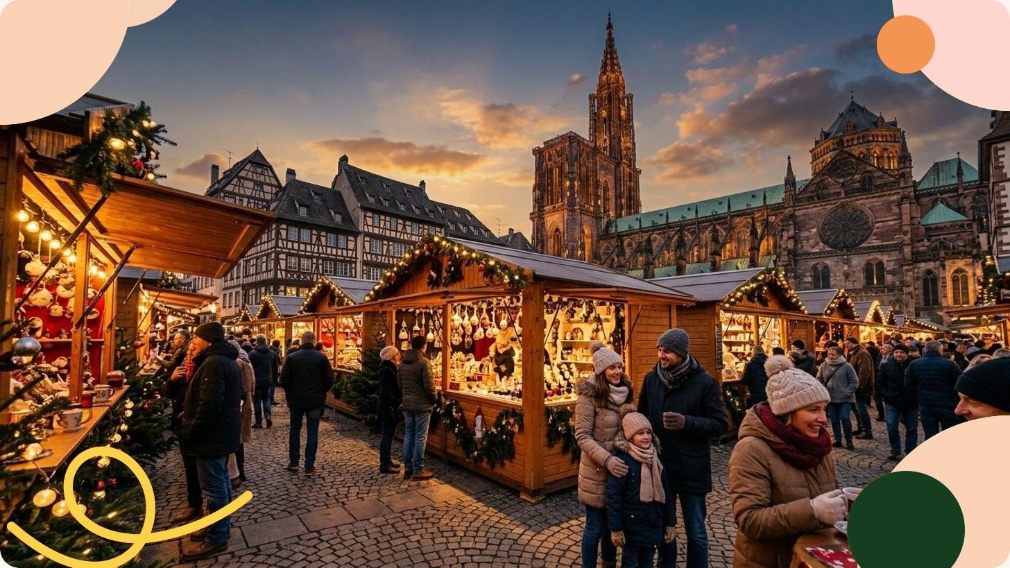 Illuminated wooden chalets at a European Christmas market at night, with golden fairy lights and festive figurines