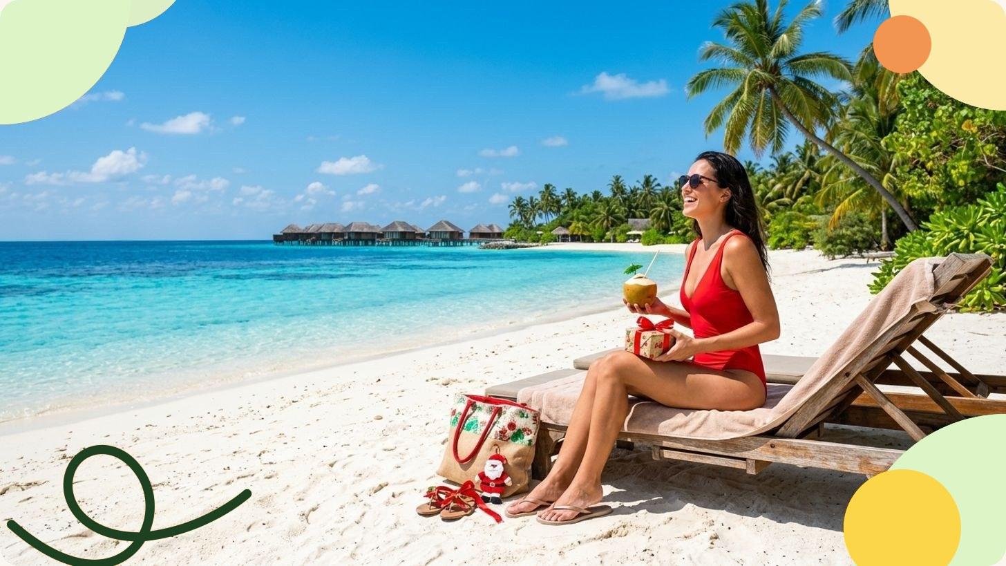 Tropical beach with turquoise waters, palm trees and an overwater bungalow under a December sun