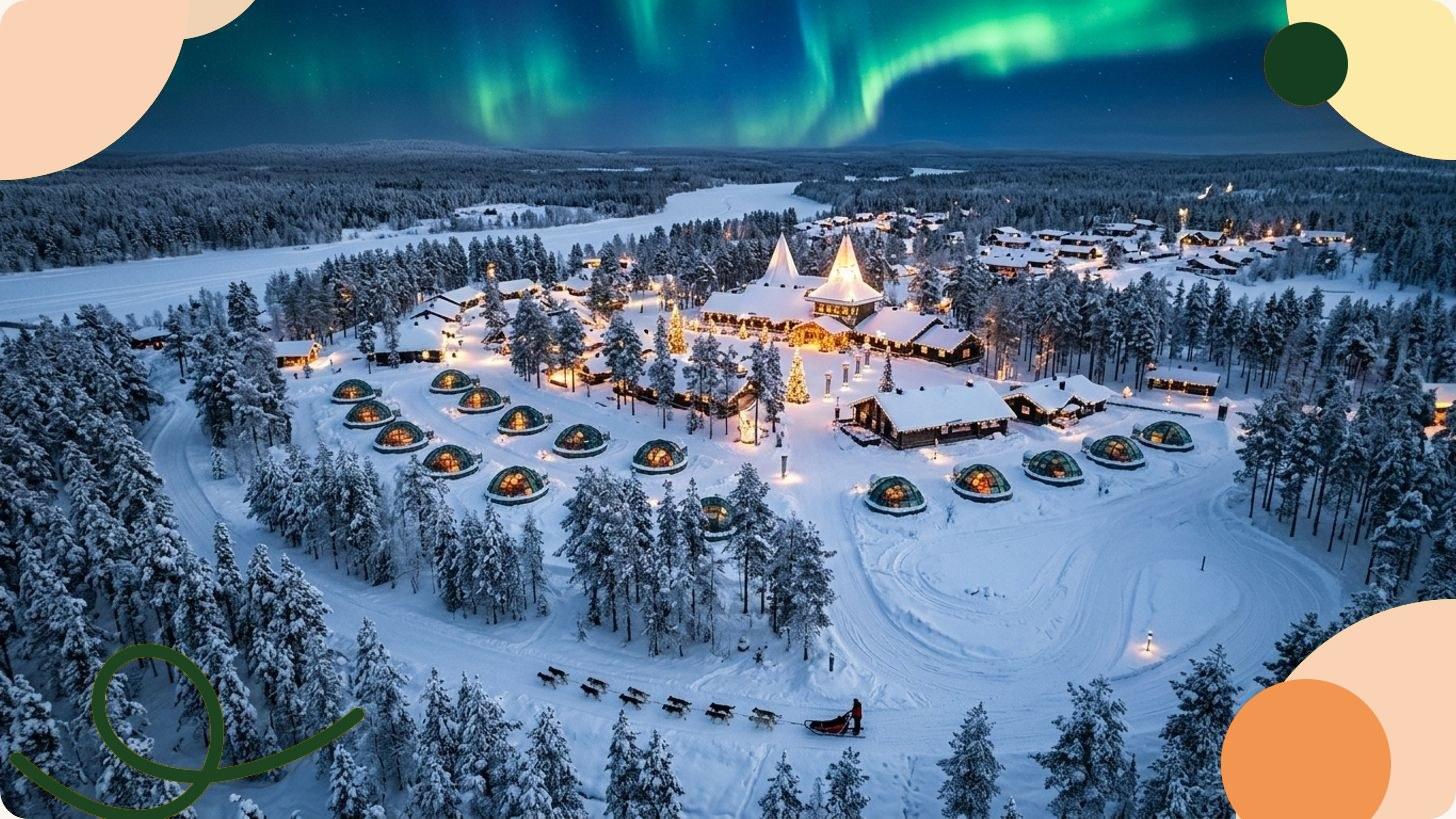 Green northern lights dancing above a frozen lake in Finnish Lapland, with snow-covered rocks and forest
