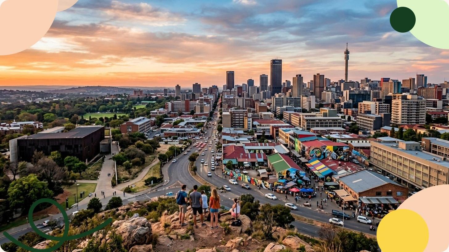 Historic Johannesburg neighbourhood with vibrant street art and pedestrians on a busy street
