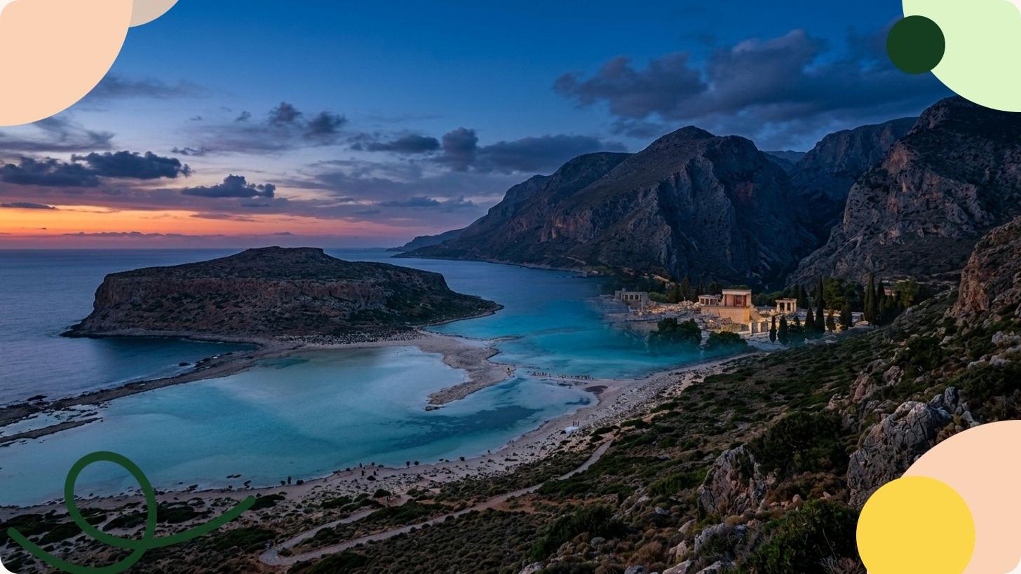 Balos lagoon in Crete with turquoise waters and white sand, seen from the heights of the Gramvoussa Peninsula