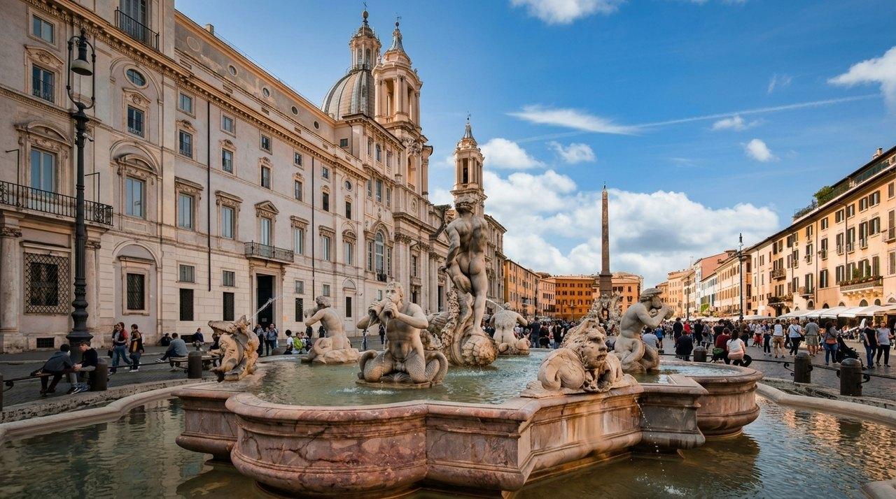 Une fontaine ornée de sculptures baroques au cœur d’une place historique italienne entourée de bâtiments architecturaux et de visiteurs
