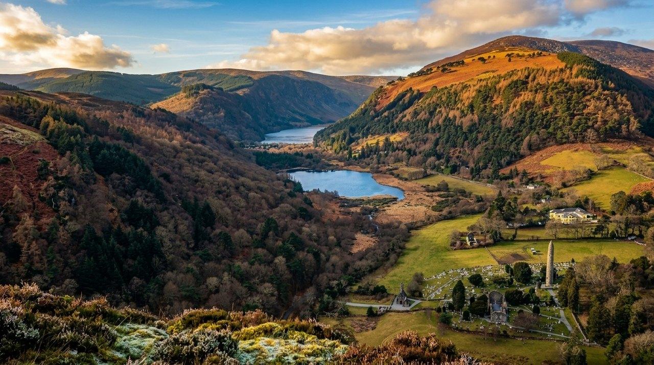 Vallée montagneuse avec deux lacs bleus, église historique, forêts de conifères et habitations dispersées sous un ciel nuageux