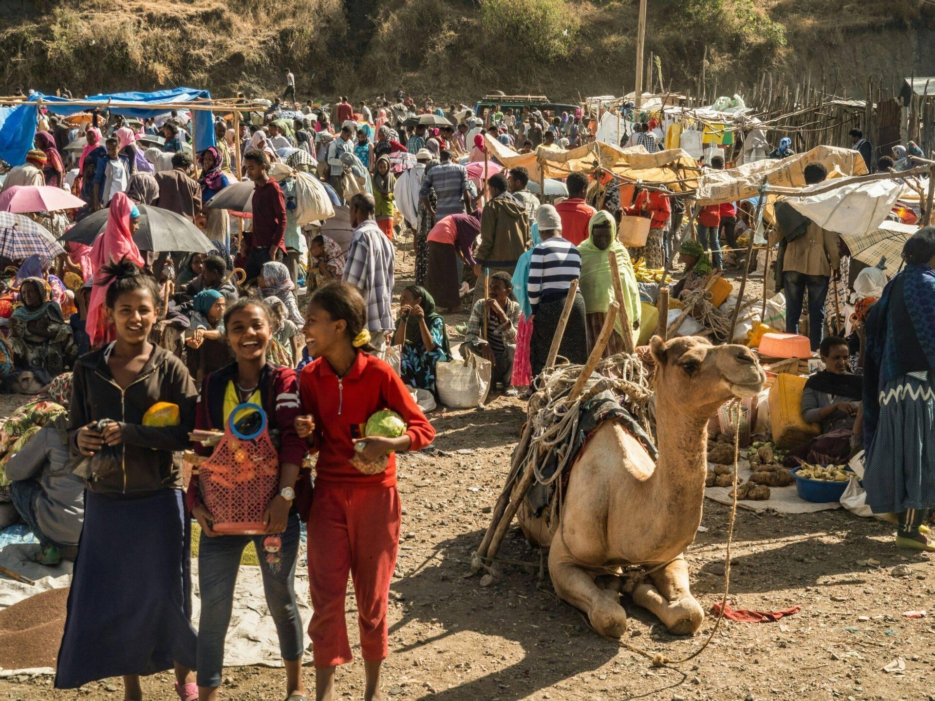 Un marché traditionnel animé avec des habitants, des chameaux chargés et des habitations précaires sous un soleil éclatant