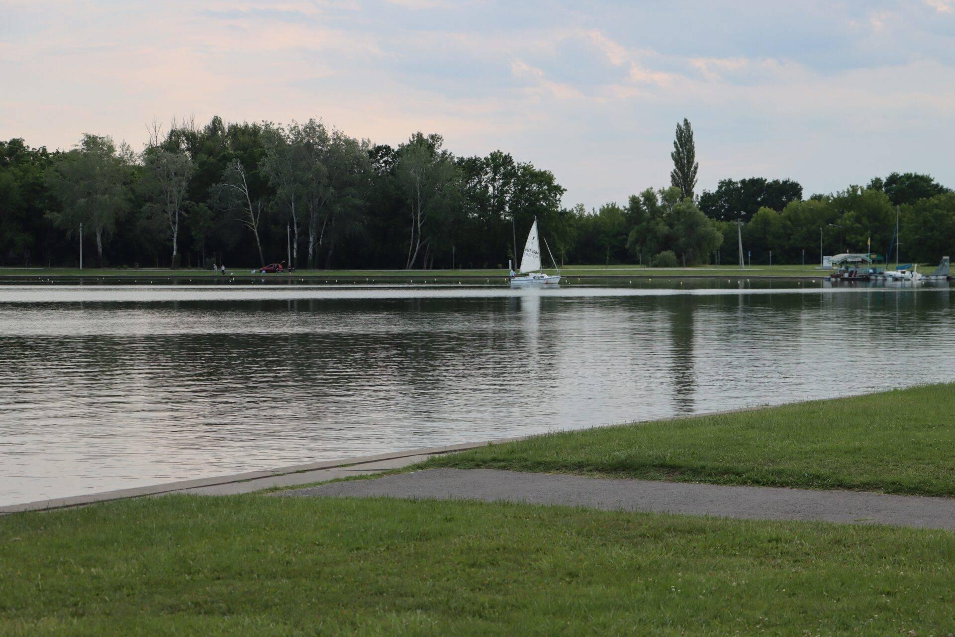Un voilier blanc navigue sur un lac calme entouré de berges herbeuses et de forêts verdoyantes