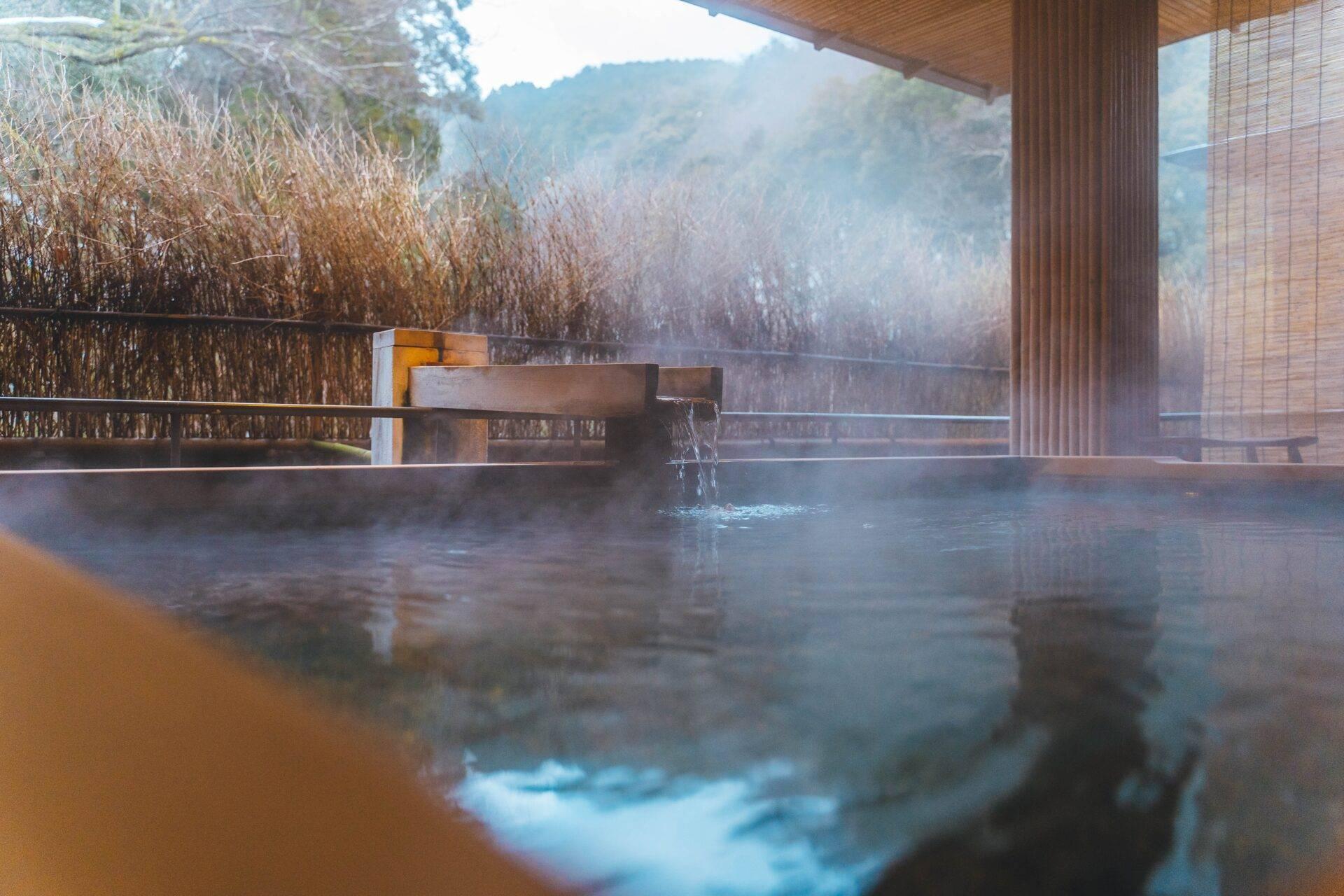 Vue depuis un onsen (bain thermal) avec source d’eau chaude fumante, paysage montagneux boisé en arrière-plan
