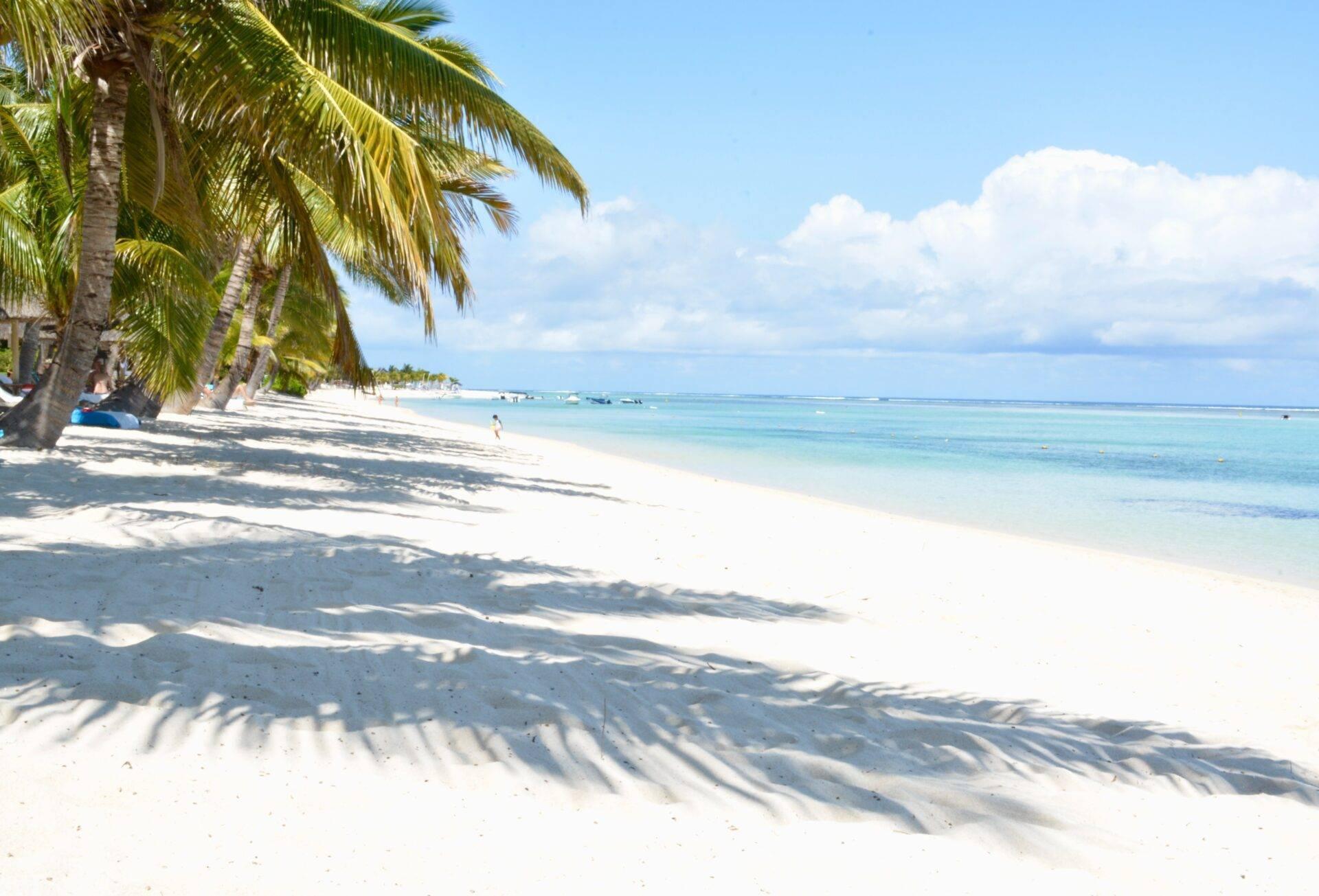 Une plage de sable blanc bordée de palmiers avec une mer turquoise calme et des bateaux au large