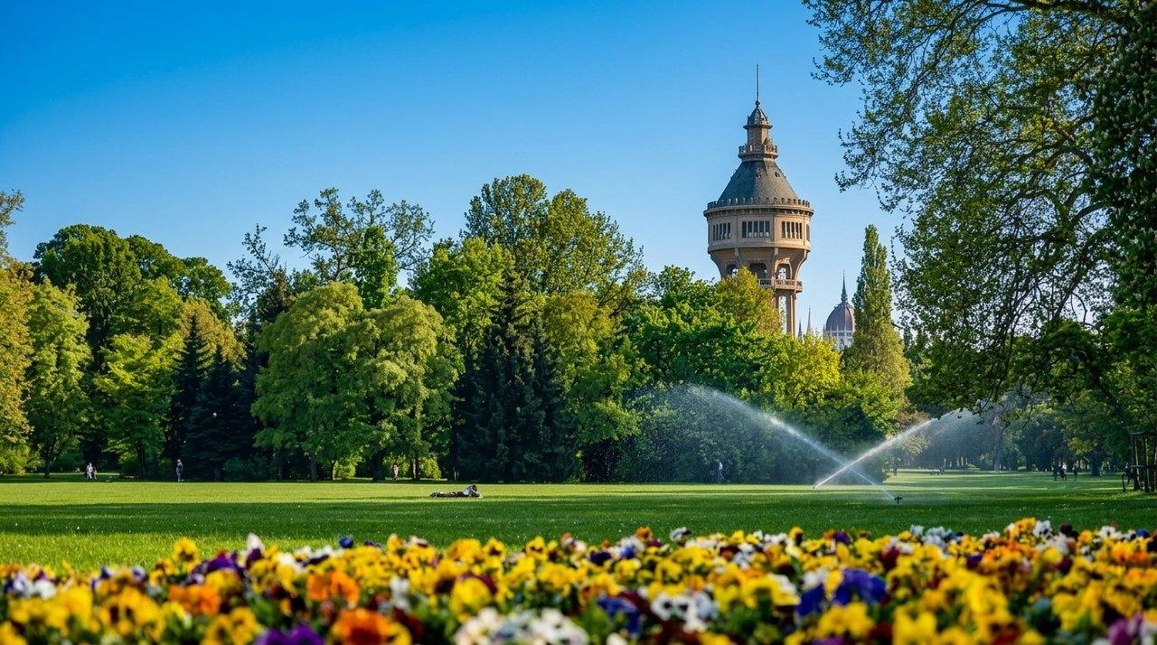 Un parc verdoyant avec parterre de fleurs colorées, tour de château au loin et jet d’eau arrosant la pelouse