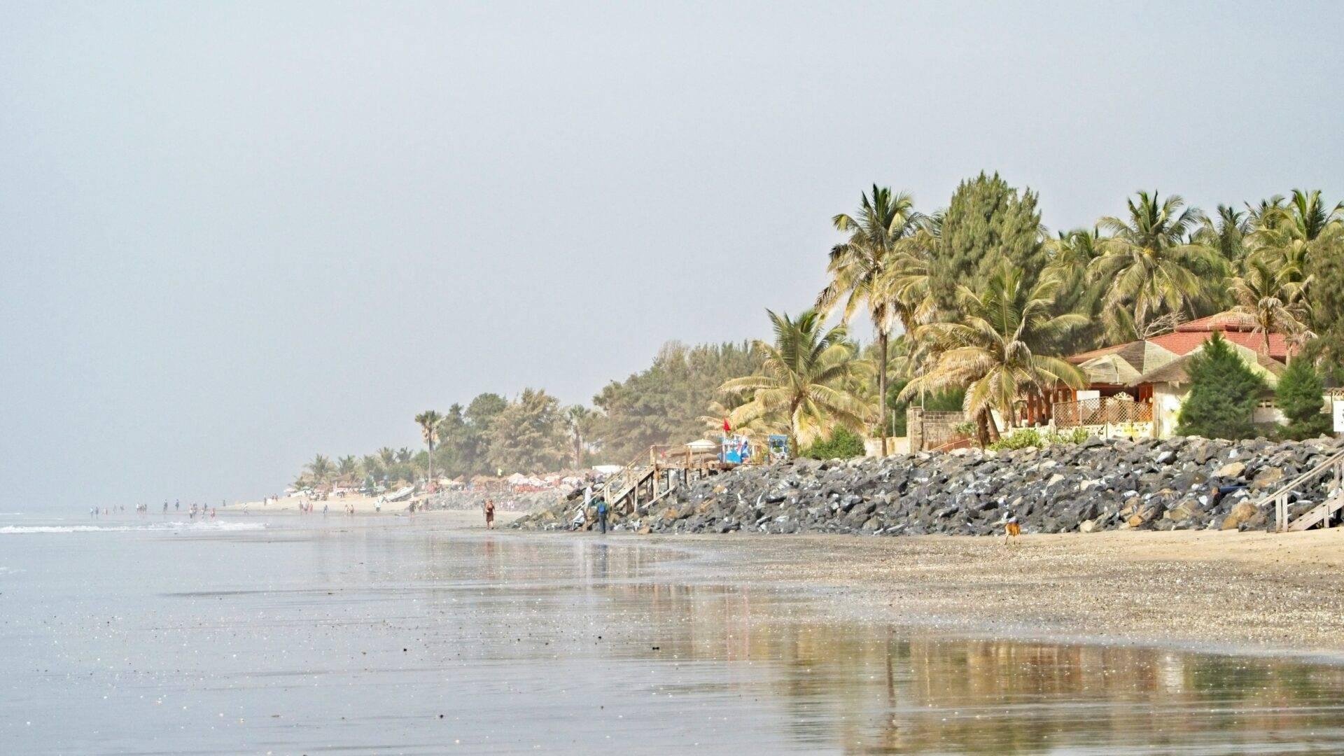 Une plage côtière avec palmiers, bâtiments colorés et débris rocheux, baignée de soleil en fin d’après-midi
