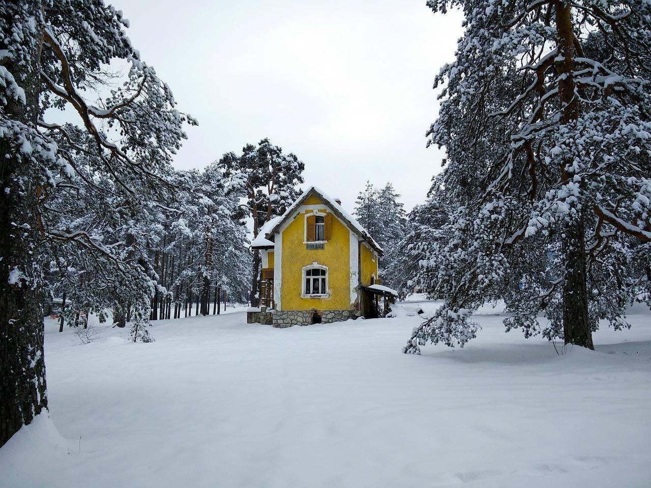 Une petite maison jaune isolée dans une forêt enneigée entourée de sapins couverts de neige