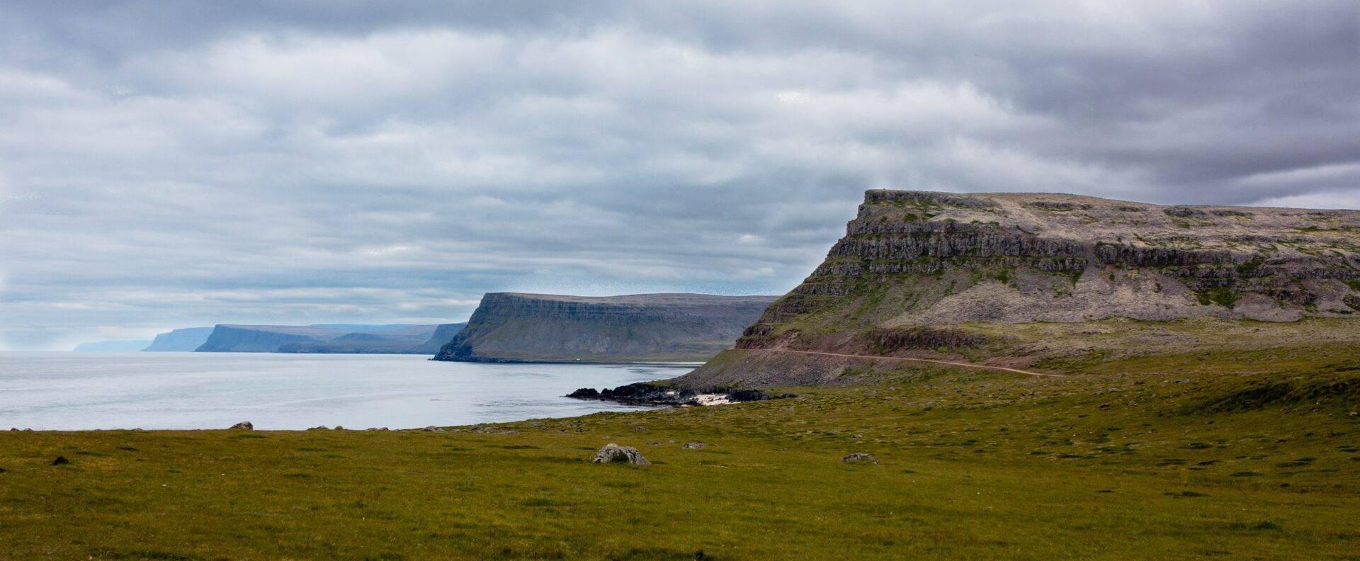 Falaises basaltiques verdoyantes surplombant une baie tranquille avec formations rocheuses caractéristiques du paysage islandais