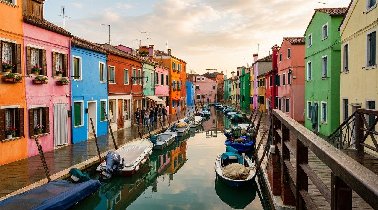 Une rue pittoresque bordée de maisons colorées se reflétant dans un canal avec des bateaux amarrés