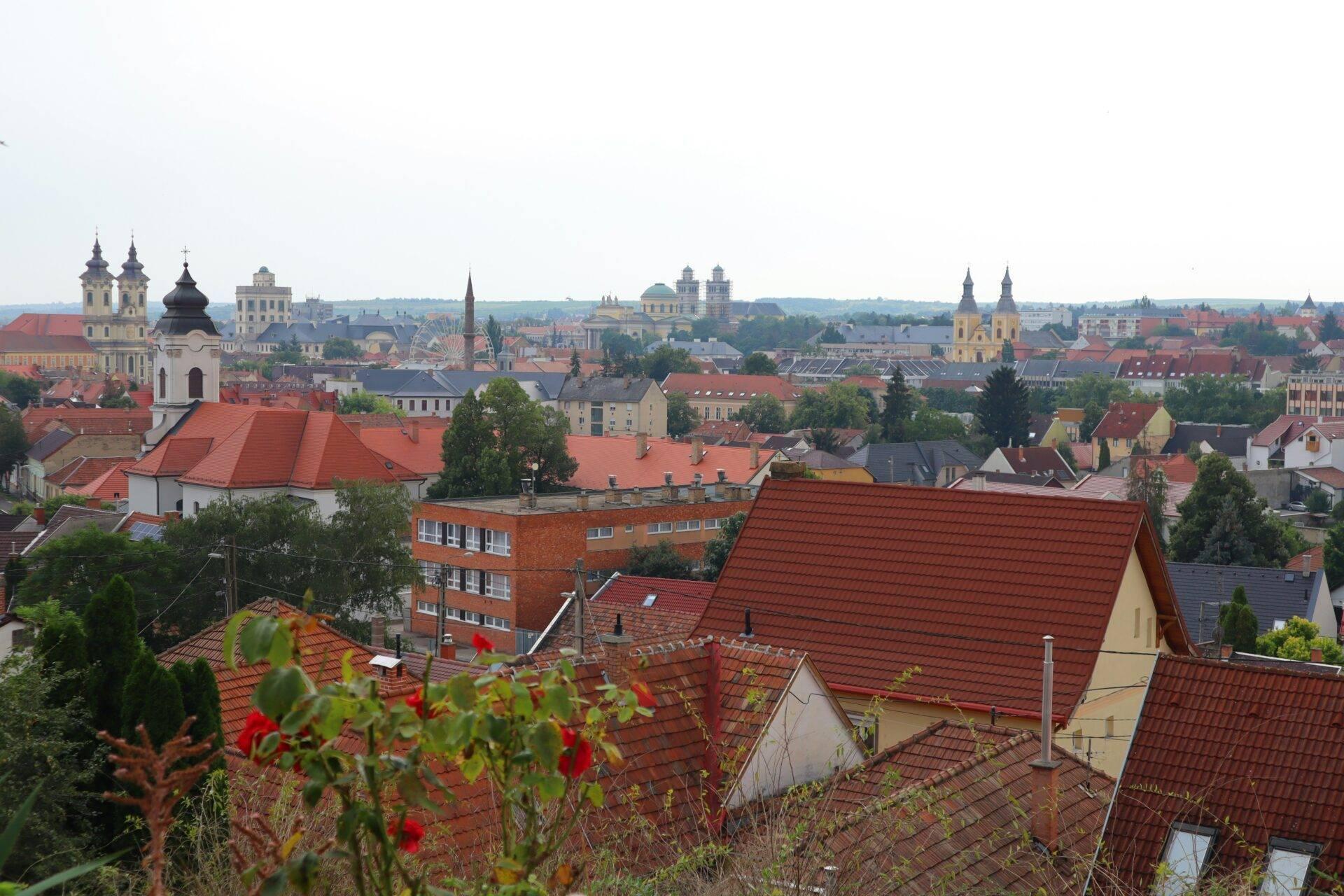 Vue panoramique d’une ville d’Europe centrale avec églises aux toits rouges et clochers baroques