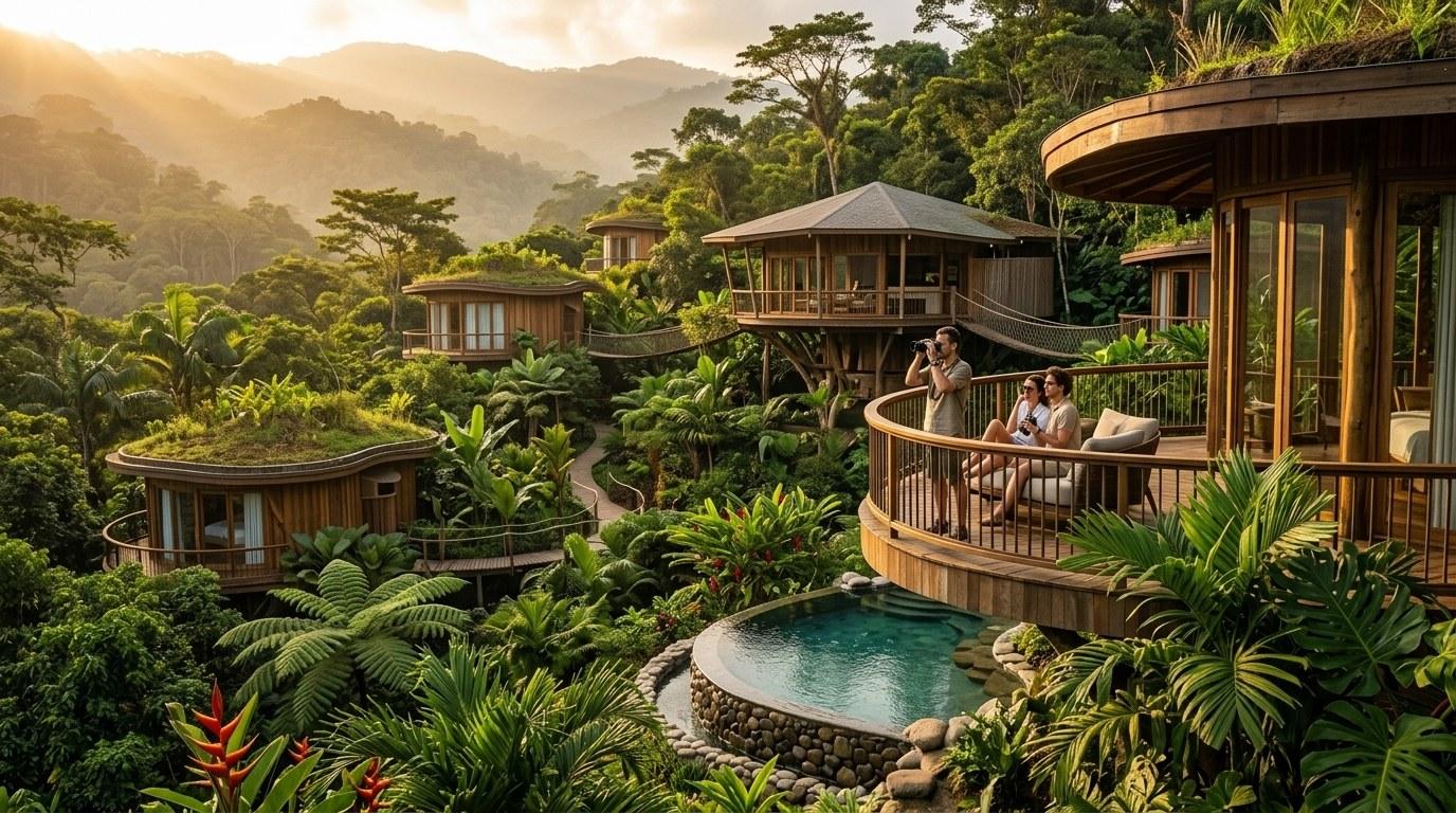 Complexe de cabanes en bois perchées dans la jungle tropicale avec piscine naturelle et vue sur les montagnes boisées
