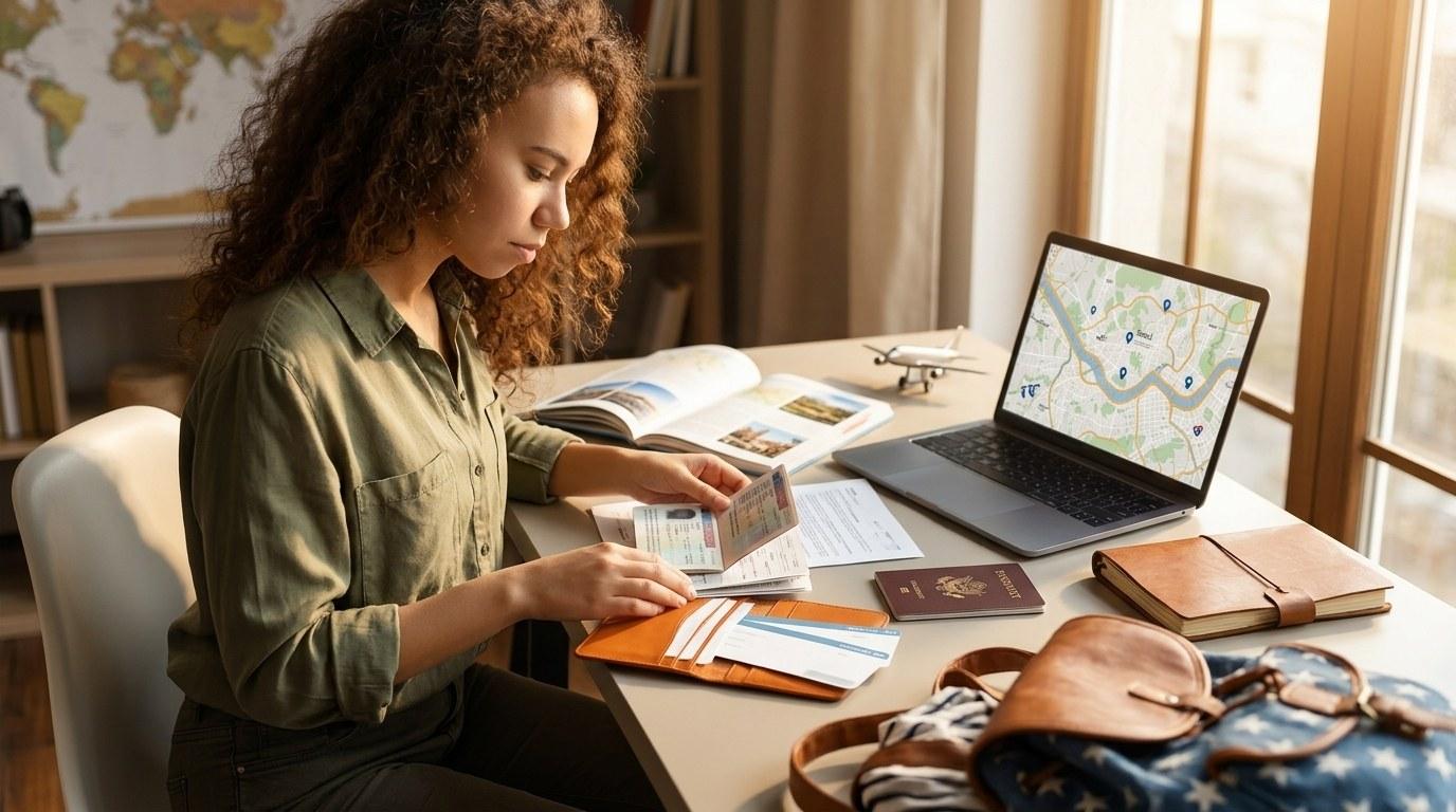 Une femme prépare son voyage en consultant une carte sur son ordinateur portable, documents et passeport sur sa table de travail