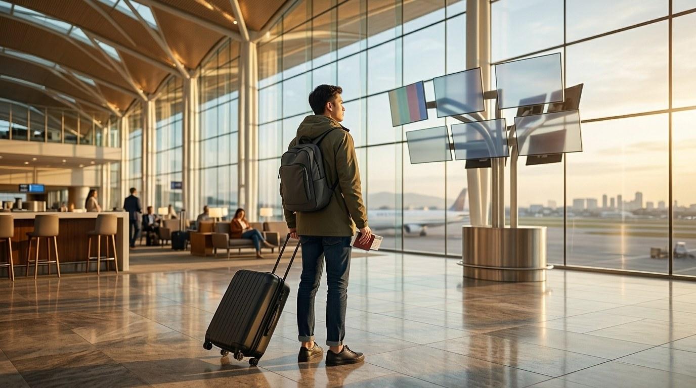 Un voyageur avec sac à dos et valise observe le paysage urbain depuis une terminal d’aéroport moderne aux grandes baies vitrées